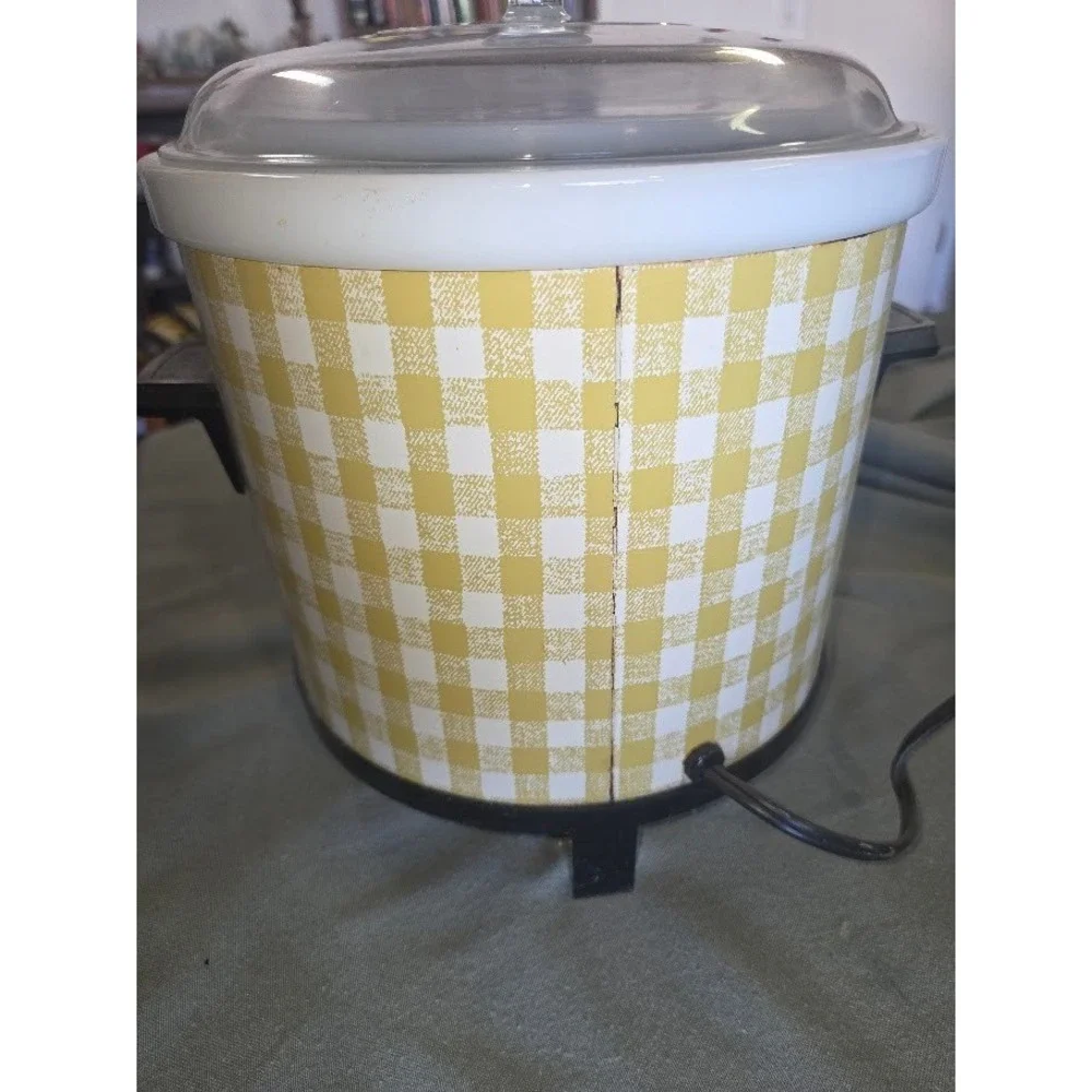 Vintage Sears Simmer-On II Slow Cooker Yellow Gingham Check Crock Pot Retro